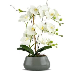 LIVILAN White Orchid Artificial Flowers with Pot Large Fake Silk Orchids Plant Orquidea Artificial Phalaenopsis Orchid with Ceramic Grey Vase Indoor Decor Table Decoration