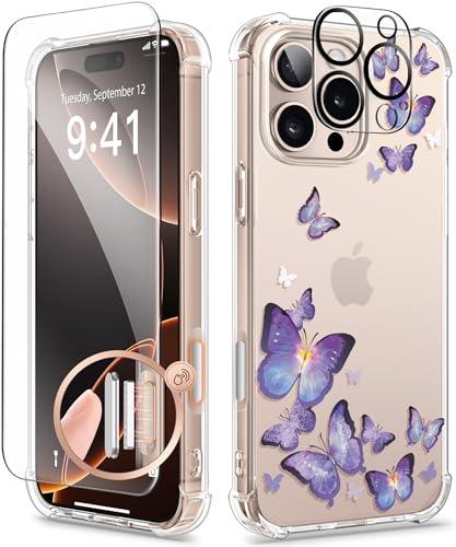 GVIEWIN for iPhone 16 Pro Max Case Floral, with Screen Protector&Camera Lens Protector,[Non Yellowing] Slim Shockproof Clear Phone Protective Cover for Women,Flower Pattern 6.9"(Alluring Butterfly)
