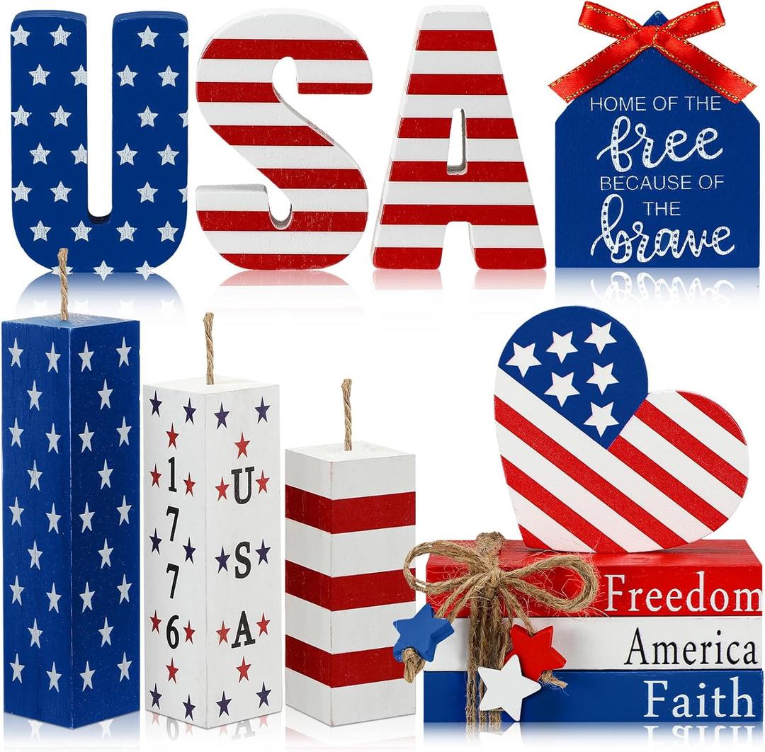 FoldTier 11 Pieces Memorial Day Table Decoration 4th of July Tiered Tray Decorations Patriotic Wooden Book Sign Firework Centerpiece Red White and Blue Tabletop Decor for Home 250th Anniversary