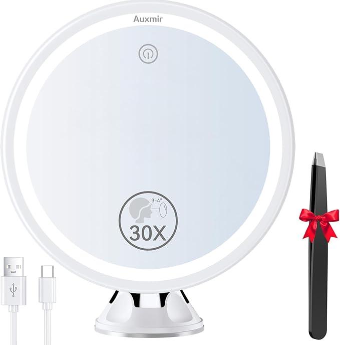 Auxmir 30X Magnifying Mirror with Light, Makeup Mirror with 3 Color Lights, 8″ Rechargeable Vanity Mirror with Power Suction Cup, 360° Swivel