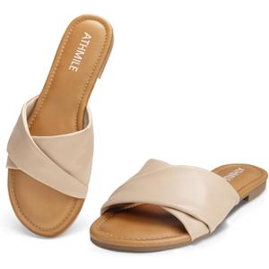 ATHMILE Sandals for Women 2026 Dressy Summer Flat Comfortable Fashion Beach Cute Ladies Slides Leather Casual Dress Women's Sandals (8, Beige)
