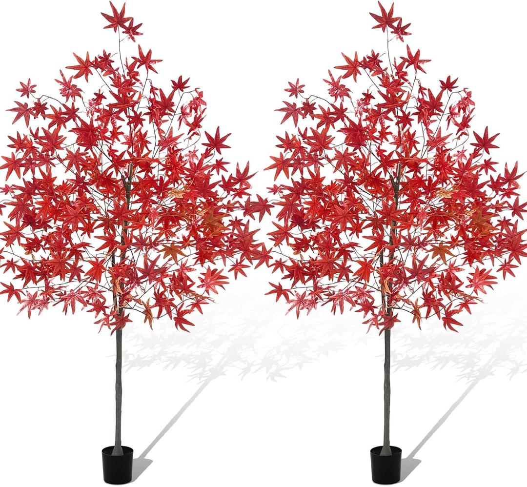 6.6ft Faux Maple Fall Tree Fall Decorations for Home, Artificial Maple Autumn Tree with Potted Base for Indoor Outdoor Porch Halloween Decor(2 Pack,Dark Red)