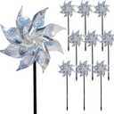 Hausse 10 Pack Reflective Pinwheels with Stakes (Assembly Required), Extra Sparkly Pin Wheel for Garden Decor, Bird Repellent Devices Deterrent to Scare Birds Away from Yard Patio Farm