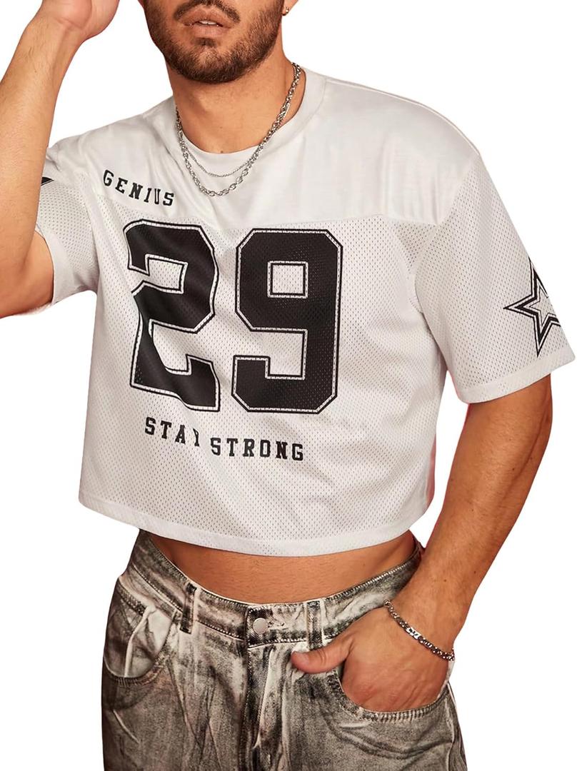 Men's Jersey Shirts Graphic Oversized Y2k Baggy Shirt Crew Neck Short Sleeve Crop Tee Tops (XX-Large, White)