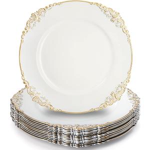 Okllen 12 Pack Plastic Round Charger Plates, 13" Dinner Charger Dessert Plates with Gold Rim, Vintage Charger Serving Plates for Catering, Wedding, Tabletop Decor, White, Floral Trim