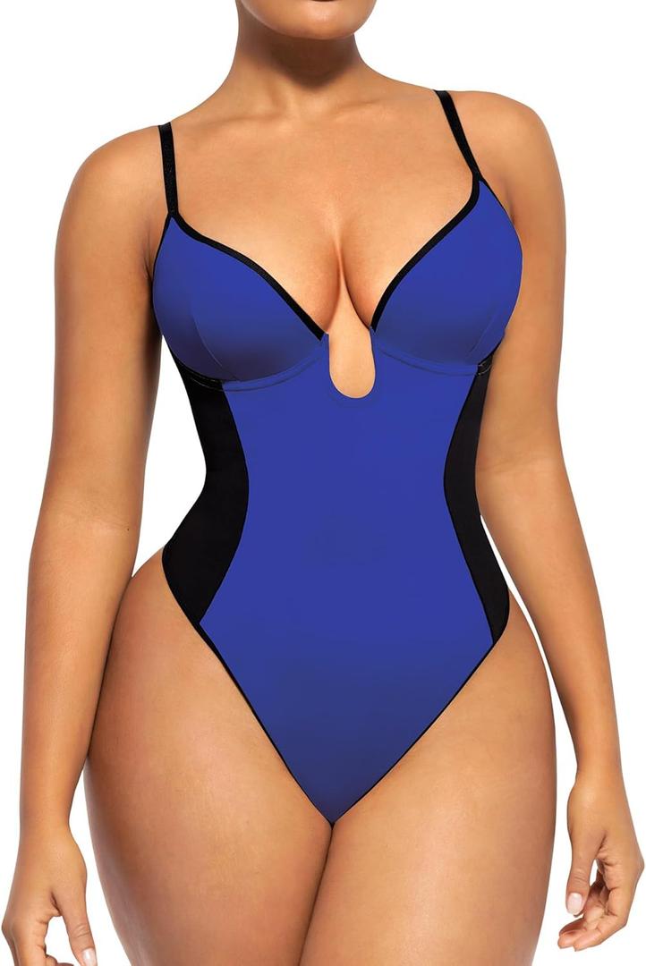 SHAPELLX Shapewear Bodysuit for Women Thong Backless Body Shaper Tummy Control U Plunge Strapless Top Corset Bodysuit, M