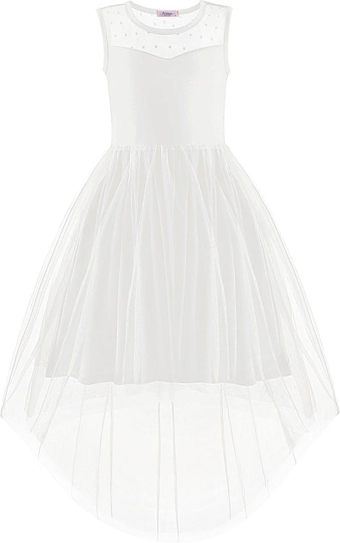 Arshiner Girls Dresses Formal Party Wedding Tulle Sleeveless Contrast Mesh High Low Dress with Belt (16, White)