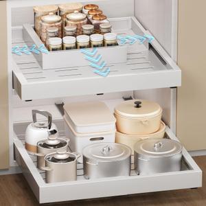 2 Pack Pull Out Cabinet Organizers, Width (12"-19") and Depth (17"-23") Expandable With 3 Slides, No Drill Slide out Drawers Adhesive Film or Nail Cabinets Without Lip in Kitchen, Pantry or Bathroom
