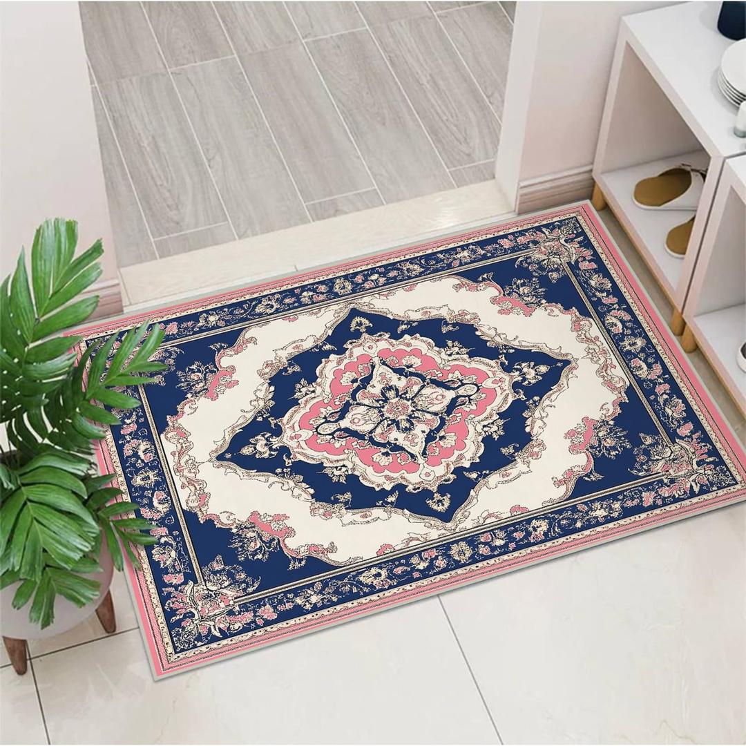 Oriental Area Rug Pink Blue Washable 3x5 Rugs for Living Room Bedroom Traditional Beige Non-Slip Soft Floor Large Carpet for Office Entryway Bathroom