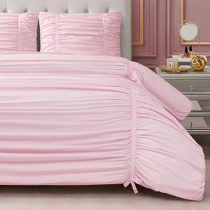 Juicy Couture Ribbon Ruched 3 Piece Full/Queen Comforter Set, Pink Marshmellow Bedding Ensemble