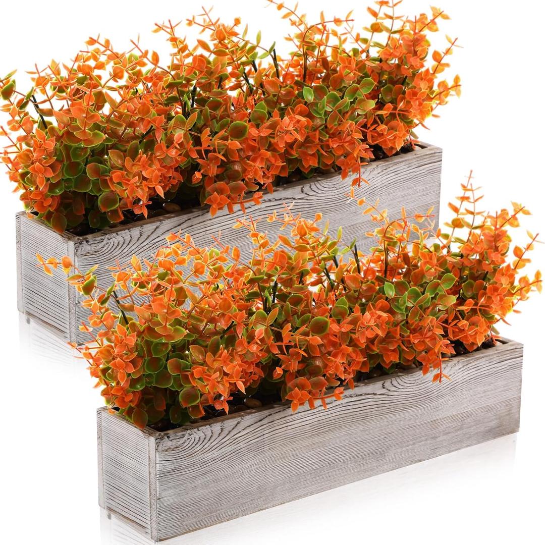 Lyrow 2 Pack Artificial Eucalyptus Plant in Rectangular Rustic Wooden Planter Box Faux Potted Herb Plant Table Centerpiece for Kitchen Windowsill Shelf Decor (Fall,16.1 x 3.7 x 8.7 '')