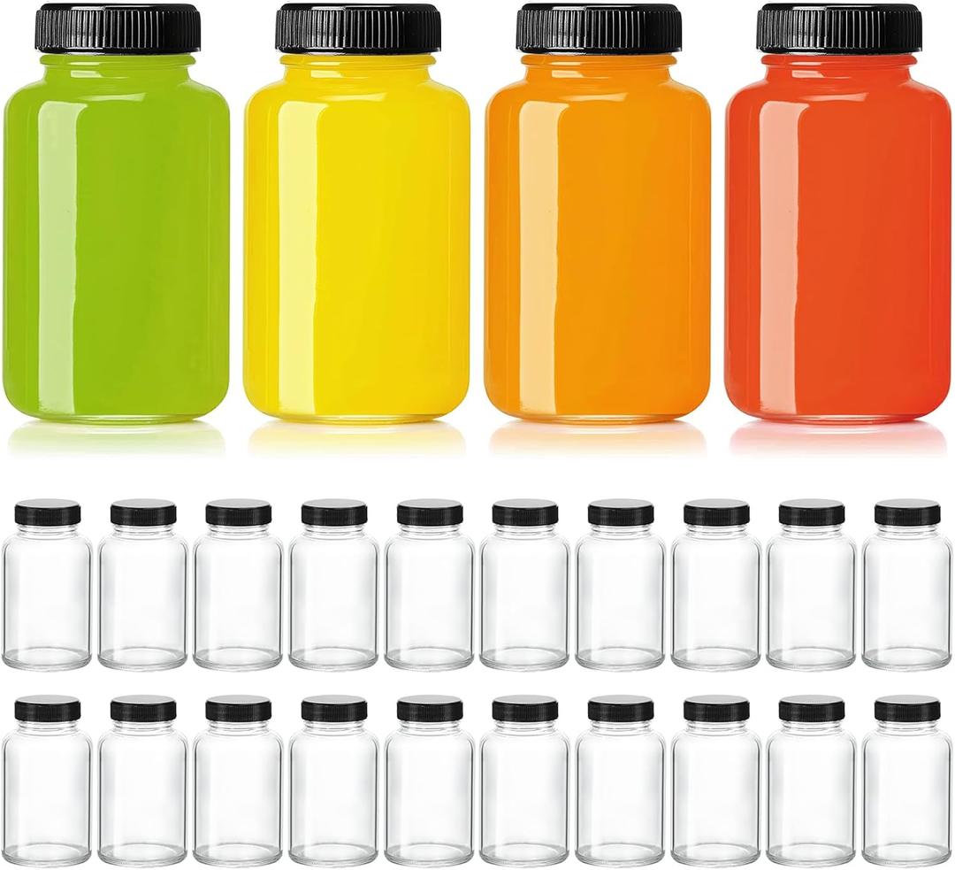 KEYWING 24 Pack 4oz Juice Shot Bottles with Caps- Small Glass Jars for GingerWellness Shots,Whiskey - Travel mini Reusable Wide Mouth Clear bottles- Leakproof, Dishwasher Safe.