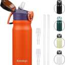 Insulated Water Bottle with Straw and Carry Loop,18 oz Stainless Steel Double Wall Vaccum Metal Water Flask with Leak-proof Lid,Orange