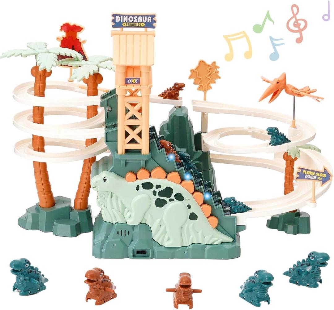 Dinosaur Chasing Race Track Game Set Double Loop Track Slide Toy Climb Stairs Toy Roller Coaster Toys with Music Educational Puzzle Playsets Gift for Toddler Kids Boys Girls Age 3+ (Green)