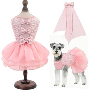 ASENKU Dog Dress, Dog Wedding Dress, Pet Lace Princess Dress with Bows for Wedding Birthday Party, Puppy Formal Apparel with Pearl Necklace for Large Dogs (Pink, X-Large)