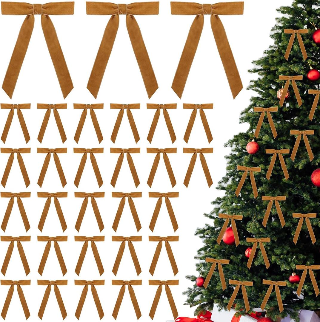 30 Pcs Christmas Velvet Wreath Bows, 5 x 7 Inch Vintage Velvet Ribbon Rustic Crafts Gift Bows for Indoor Outdoor Wreaths Garland Holiday Xmas Tree Wrapping Crafts (Khaki, Width of 1")