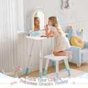TOLEAD Blue Kids Vanity Table and Chair Set, Adjustable Height Kids Vanity with LED Lights, Princess Girls Vanity Set with Stool, Toddler Make Up Vanity Desk with Storage Space for Little Girls