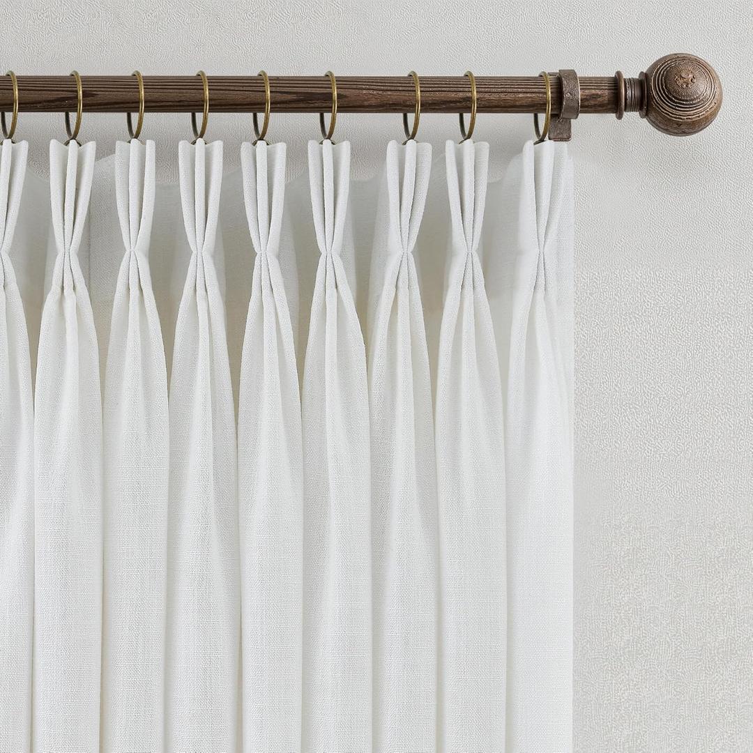 Beige White Triple Pinch Pleated Curtains 90 Inch 2 Panels for Living Room Bedroom Memory Shape Trained Pleated Linen Drapes Ivory Off White Semi Sheer Light Filtering Privacy Curtains 90 Inch Length