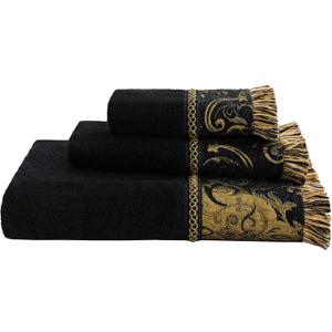 Loom and Mill Luxury Cotton Bath Towel Set 3 Piece-1 Bath Towel 1 Hand Towel 1 Wash Cloth, Ultra Soft Decorative Towel Sets Highly Absorbent for Bathroom, Classic Damask Design(Black+Copper Bronze)