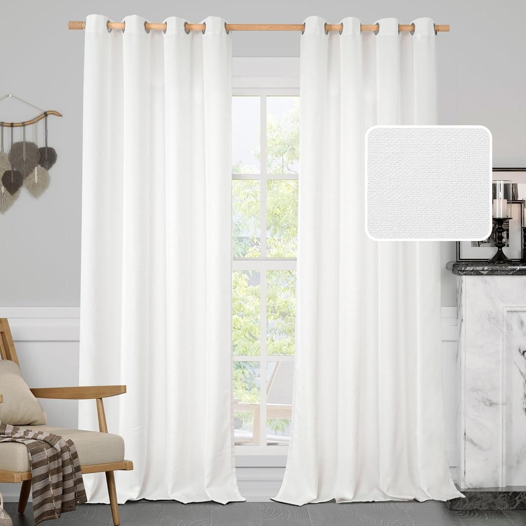 LAMIT White Linen Curtains 90 Inch Long 2 Panels Set for Bedroom Living Room, Grommet Thick Linen Textured Sheer Curtains Light Filtering Privacy Curtains for French Door, 52 x 90 Inch