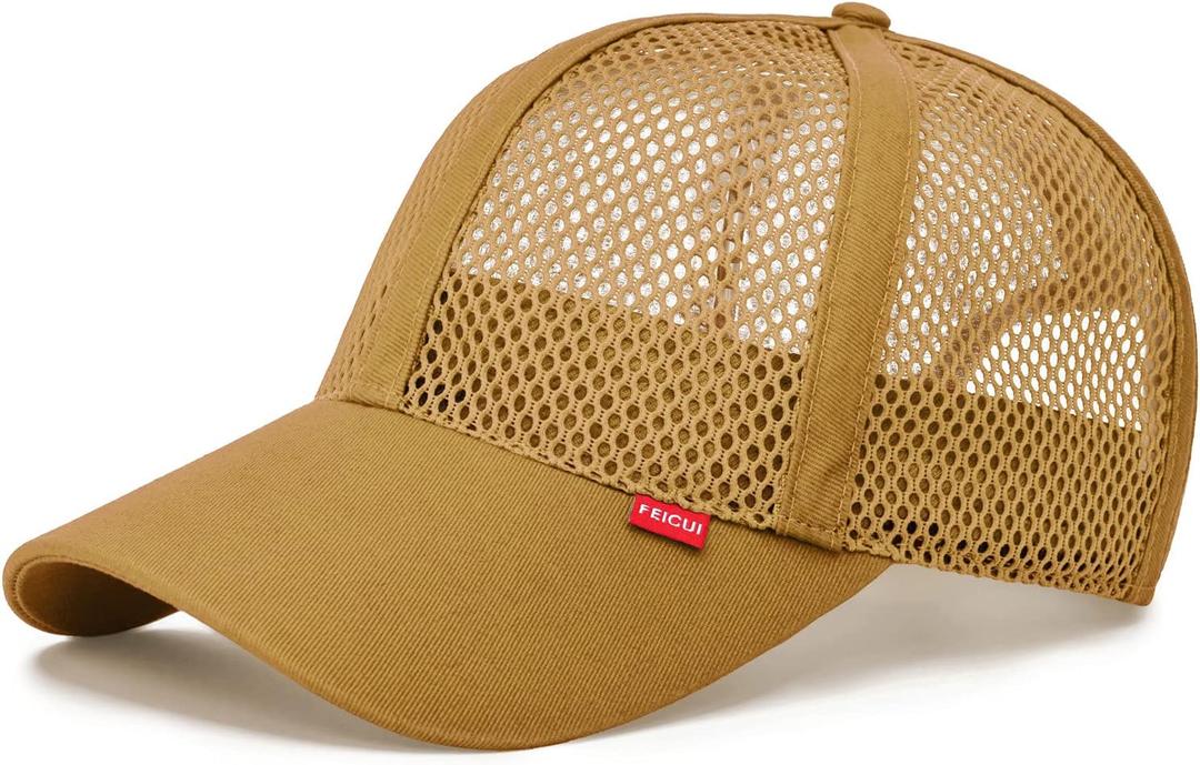 FEICUI Men Mesh Trucker Baseball Cap Adjustable 6-Panel Hat Outdoor Sports Wear (7 1/4-7 1/2, Brown)