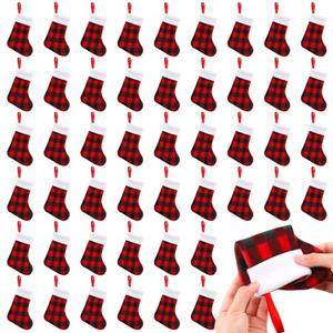 BBTO 48 Pieces Plush Cuff Christmas Mini Stockings 7 Inch Buffalo Plaid Hanging Stockings Xmas Candy Holder Tableware Holders (Red and Black)