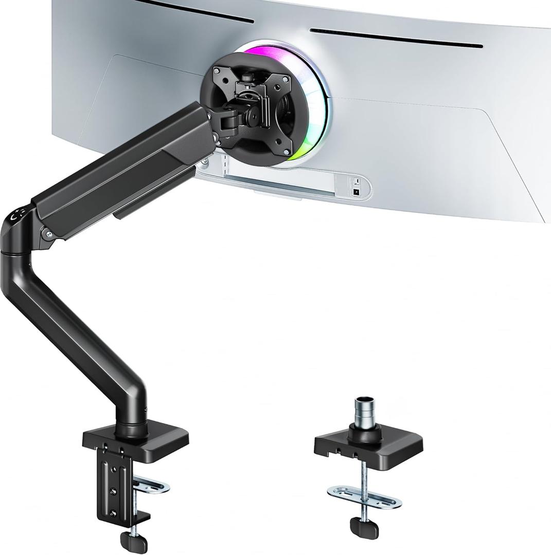ARES WING Heavy Duty Single Monitor Arm - Fully Adjustable Monitor Mount for 40 34 32 27 Inch Ultrawide Screens Up to 26.4 lbs with Clamp/Grommet Desk Mount, 75/100 Vesa Mount, Black