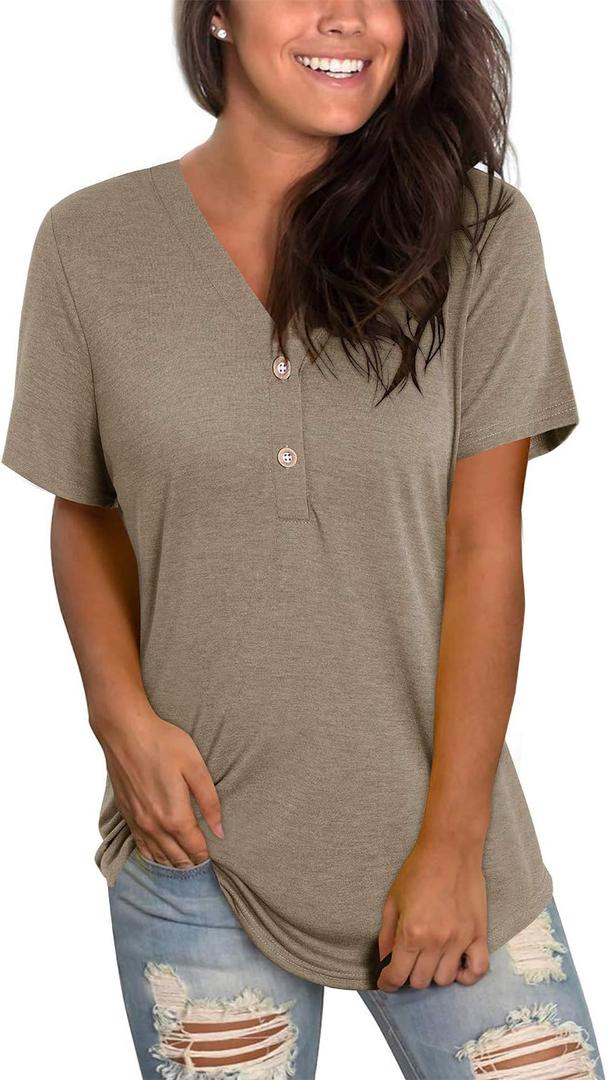 LAISHEN Women's V Neck Summer Tops Casual Henley Button Down T Shirts Tunic 2024 (XL)
