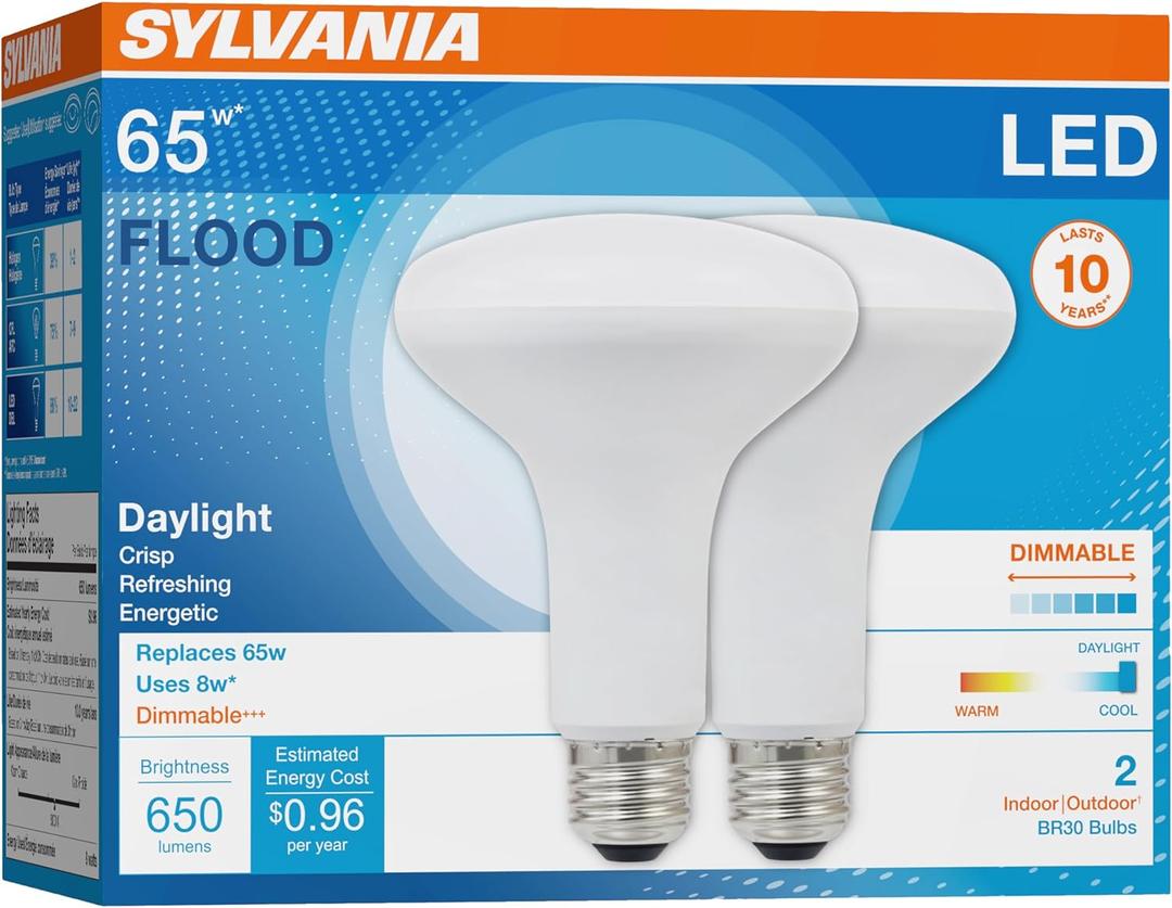 SYLVANIA LED Flood BR30 Light Bulb, 65W=8W, 10 Year, Medium Base, 650 Lumens, Dimmable, 5000K, Daylight - 2 Pack (73956)