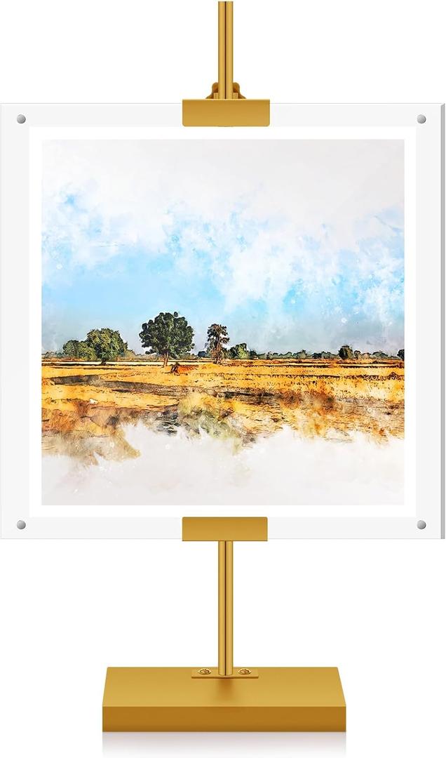 Yaocom Adjustable Metal Easel Stand with Acrylic Floating Photo Frame 16.5" Tabletop Frame Stand for Display, Poster or Signs Floor Heavy Duty Easel for Weeding Home Exhibition Restaurant(Gold)