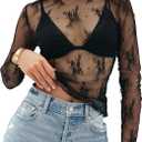 MEROKEETY 2024 Womens Mesh Sheer Long Sleeve Layering Top Mock Neck Lace Floral See Through Shirt Blouses Black X-Small