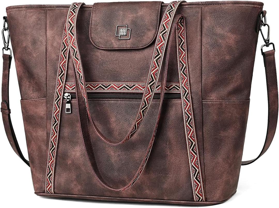 FADEON Large Laptop Tote Bag for Women Designer Leather Laptop Bag Fashion Travel Backpack Purse Shoulder Handbag (Coffee Brown Retro Style)