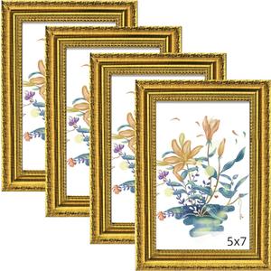 BESCRCL 5x7 Picture Frame Gold with Real Glass, Ornate Vintage 5 x 7 Photo Frames for Wall and Tabletop Display, Set of 4