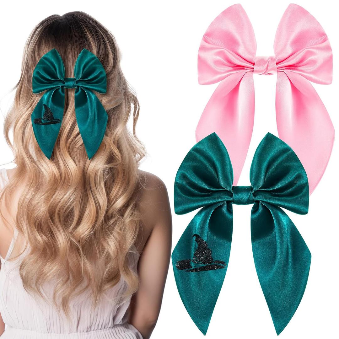 2 Pcs Witch and Princess Hair Bow Clip Pink and Green Hair Accessories for Girls Women Costume Outfits Party Favors Gifts