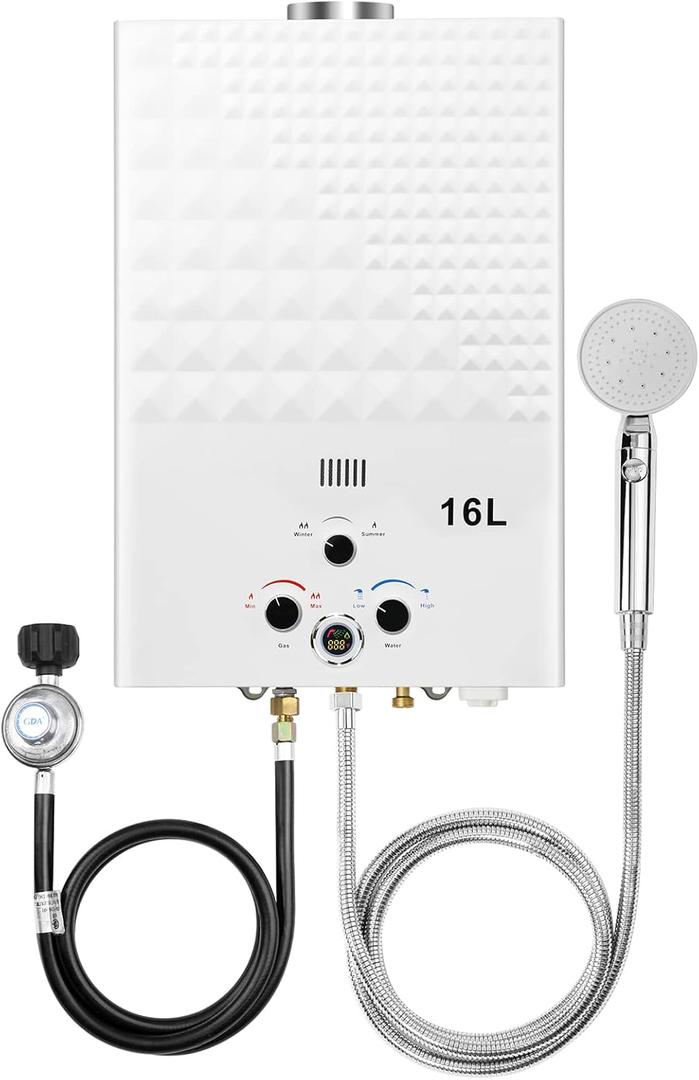 Tankless Water Heater Propane 4.21GPM 16L Outdoor Portable GasHot Water Heater Instant Propane Water Heater with Digital Display Multi-Protection for Camping Trips Boat Cabins (White)