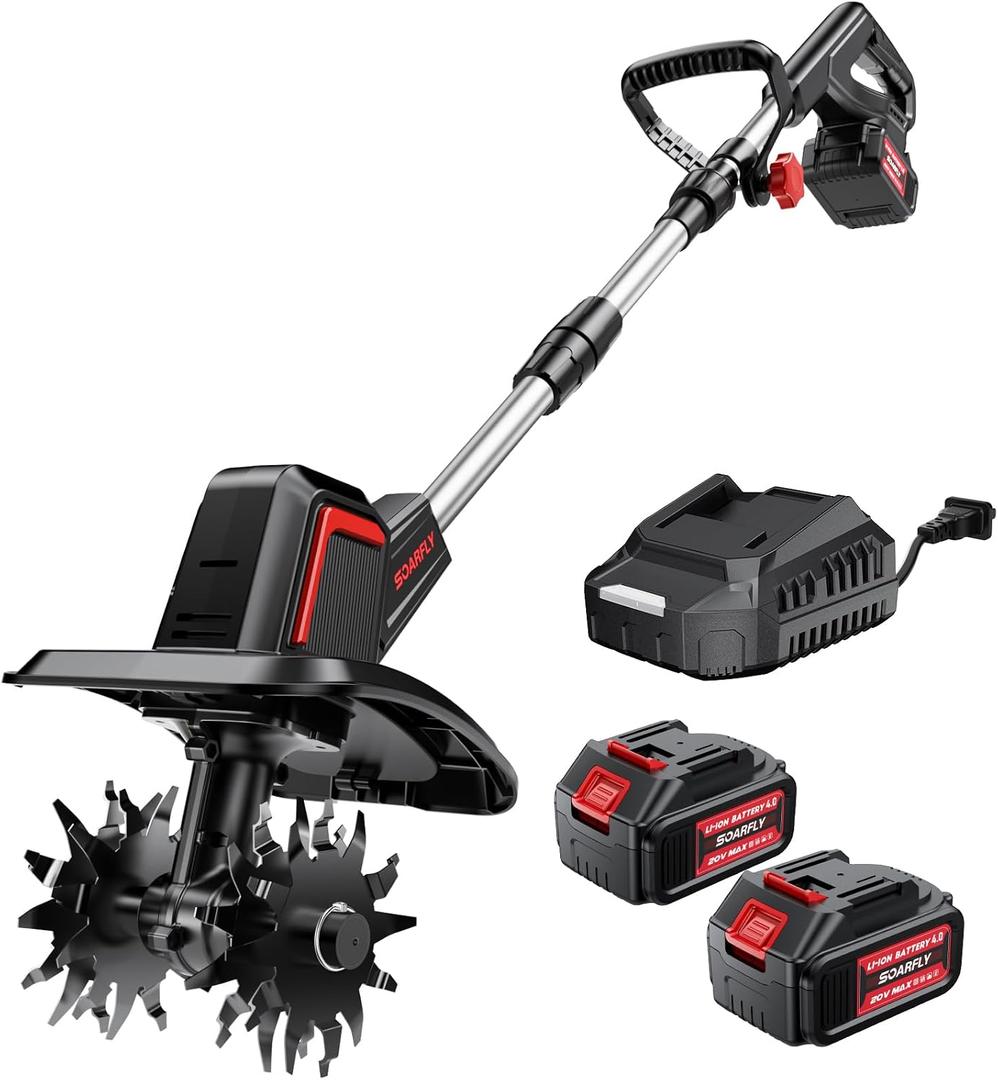 SOARFLY Upgraded Cordless Electric Tiller for Gardening, Total 8.0Ah Battery Powered Mini Cultivator with 24.0AH Batteries, 9" Width, 6.6" Depth, 48 Steel Tines Rototiller for Soil Cultivation