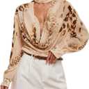 Floerns Women's Leopard Mesh Cowl Neck Blouses Long Sleeve Draped Deep V Neck Going Out Tops (Medium, Apricot Multi)