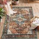 Moynesa Ultra-Thin Washable Vintage Area Rug - 3x5 Boho Non-Slip Entryway Rug Oriental Medallion Living Room Rug Entrance Mat Carpet for Kitchen Laundry Bathroom Bedroom, Brick Red/Dull Teal