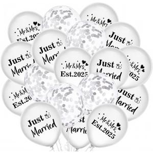 30Pcs Wedding Balloons White Silver Mr & Mrs Est. 2025 Latex Confetti Balloons Just Married 12 Inch Balloon for Wedding Anniversary Engagement Decorations Party Supplies