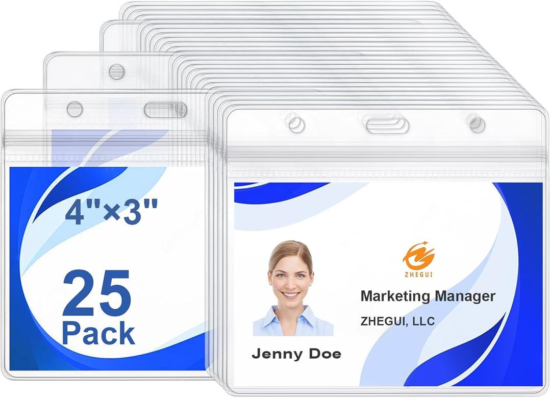 ID Badge Holder 25 Pack Horizontal ID Card Holder 4"x3" Clear Name Badge Holder Waterproof Zip Plastic Business Card Holder Name Tags Protector by ZHEGUI