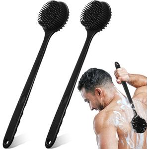 Sunnyray 2 Pack 15 Inch Soft Silicone Back Scrubber with Long Handle, Scrubber Anti Slip for Shower, Bath Body Brush, Improved Skin Health Can Produce Foam for Men and Women(Black)