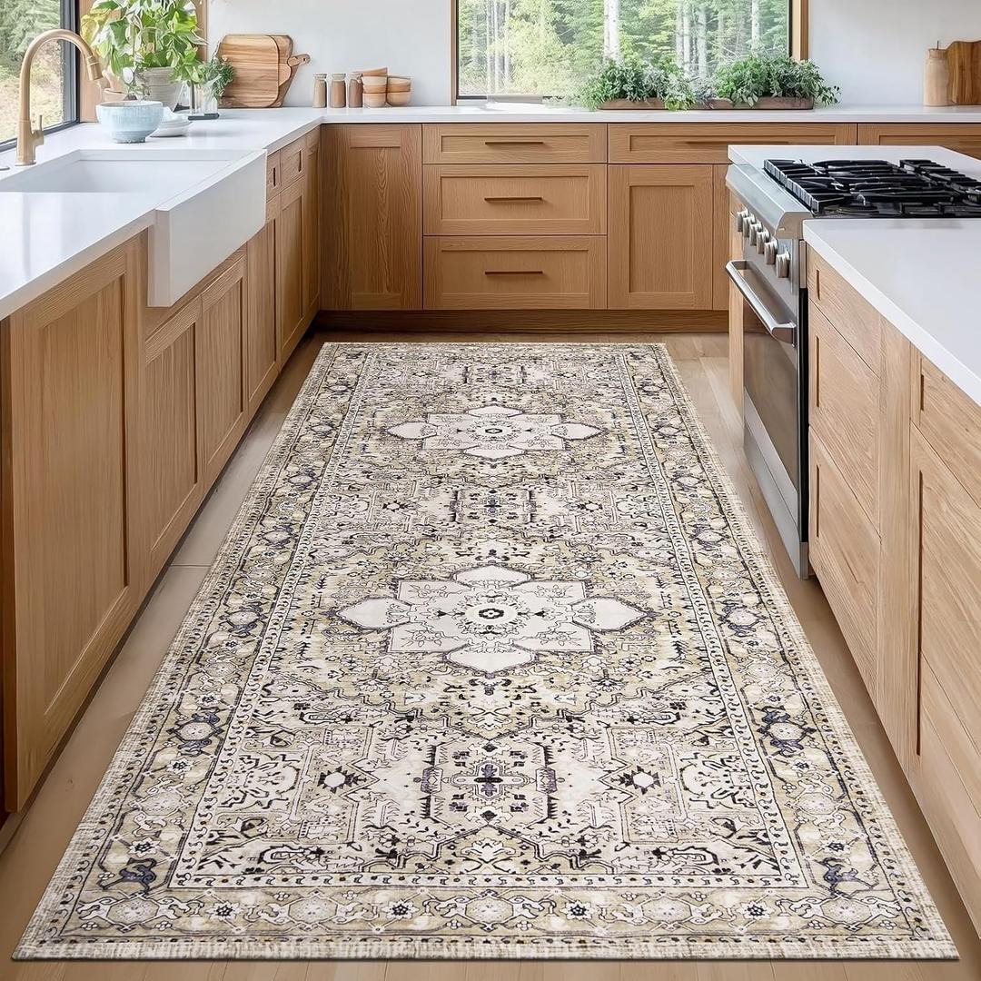 PURRUGS Vintage Farmhouse Boho Runner Rug 2'6" x 6', Non-Slip Machine Washable Rug, Accent Area Rug for Kitchen, Hallway, Entryway, Bedroom, Living Room and Dining Room, Taupe/Vanilla
