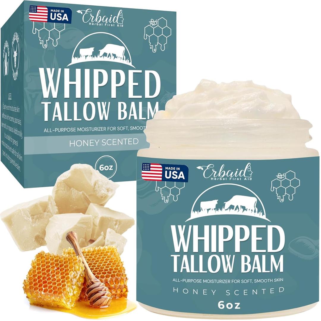Beef Tallow Balm  Natural Grass Fed Whipped Tallow and Honey All Purpose Balm  Moisturizing Face and Body Lotion for Eczema, Cracked, Dry, Itchy, Irritated Skin  Skin Repair Skincare Made in USA