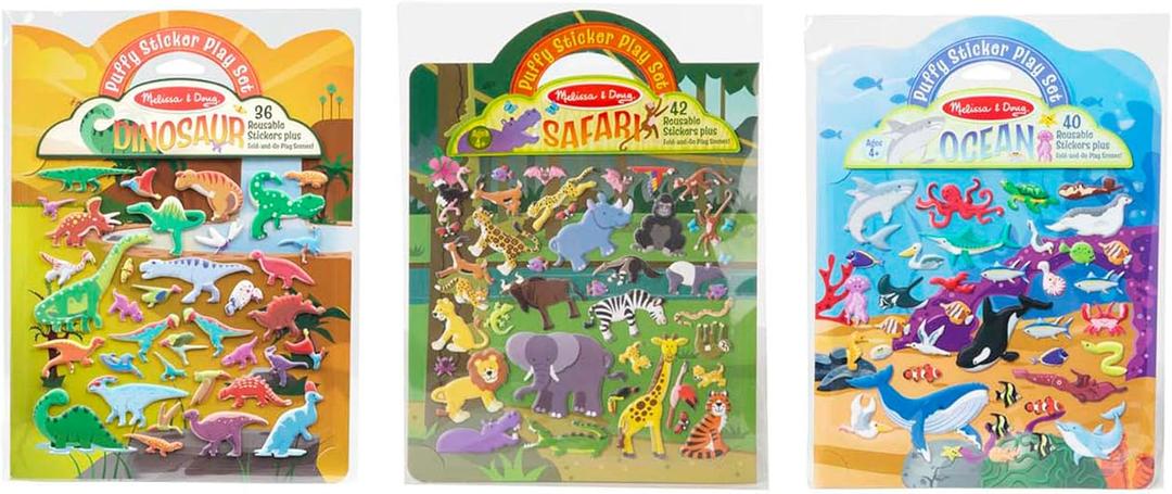 Melissa & Doug Puffy Sticker Activity Books Set of 3  Safari, Dinosaur & Ocean, with 118 Reusable Puffy Stickers and Fold-Out Scenes, Mess Free Play Set & Travel Toys for Kids Ages 4+ - FSC Certified