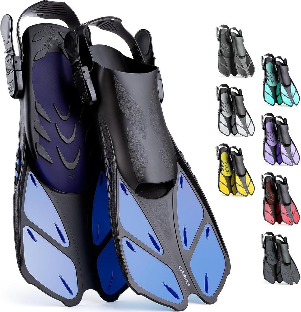 CAPAS Snorkel Fins, Swim Fins Travel Size Short Adjustable for Snorkeling Diving Adult Men Women Kids Open Heel Swimming Flippers (Black) S/M or 4 1/2  or 8 1/2