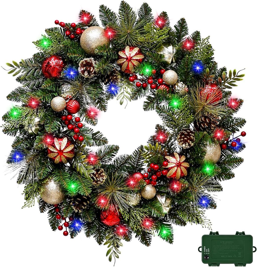 Lighted Christmas Wreath 28'' Artificial with 30 LED Multi-Color