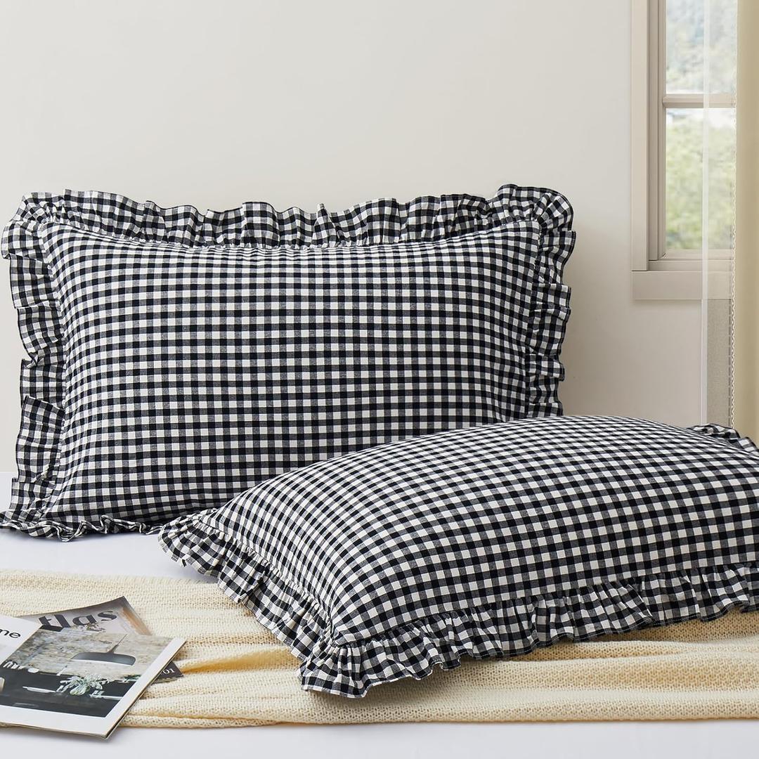 KKJIAF 2 Pcs Plaid Ruffle Pillow Case Queen Size, Ruffled Gingham Cotton Pillowcases 20x30 Inch, Linen Feel Plaid Bed Pillow Shams with Envelope Closure for Sofa Bed (Black)
