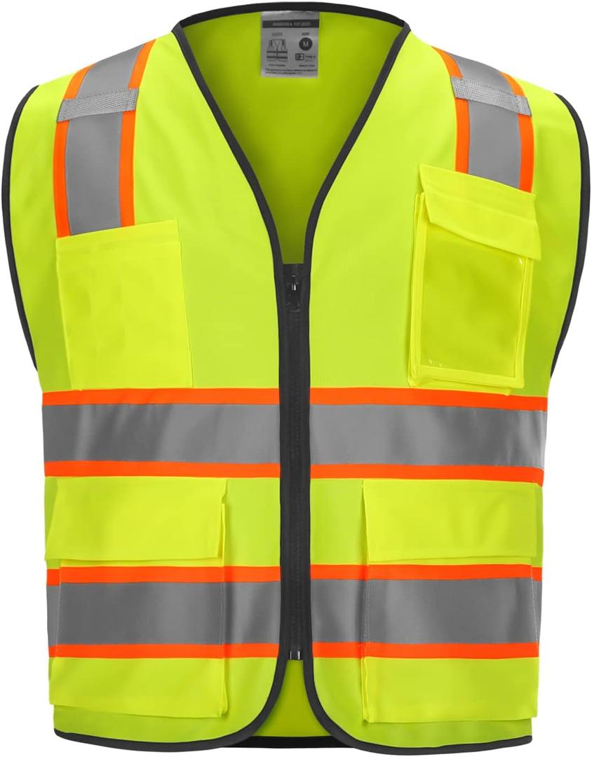 Reflective Safety vest With back plan pocket,High visibility Class 2 Heavy Duty Surveyor Vest with Zipper,Hi Vis Vest ANSI/ISEA Standard, Construction Work Vest for MenWomen Medium