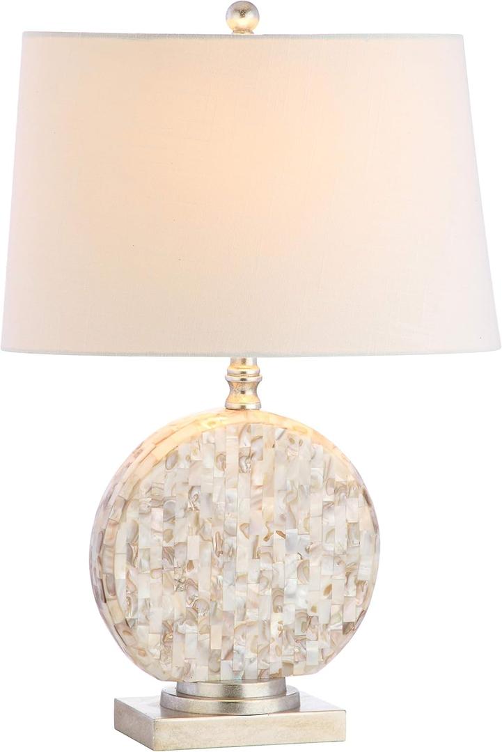 JONATHAN Y 24" Dennis Cream Mother-of-Pearl Seashell Table Lamp, Coastal Traditional Bedside Lamp for Living Room Bedroom, White Linen Drum Shade, LED Bulb Included JYL1050A