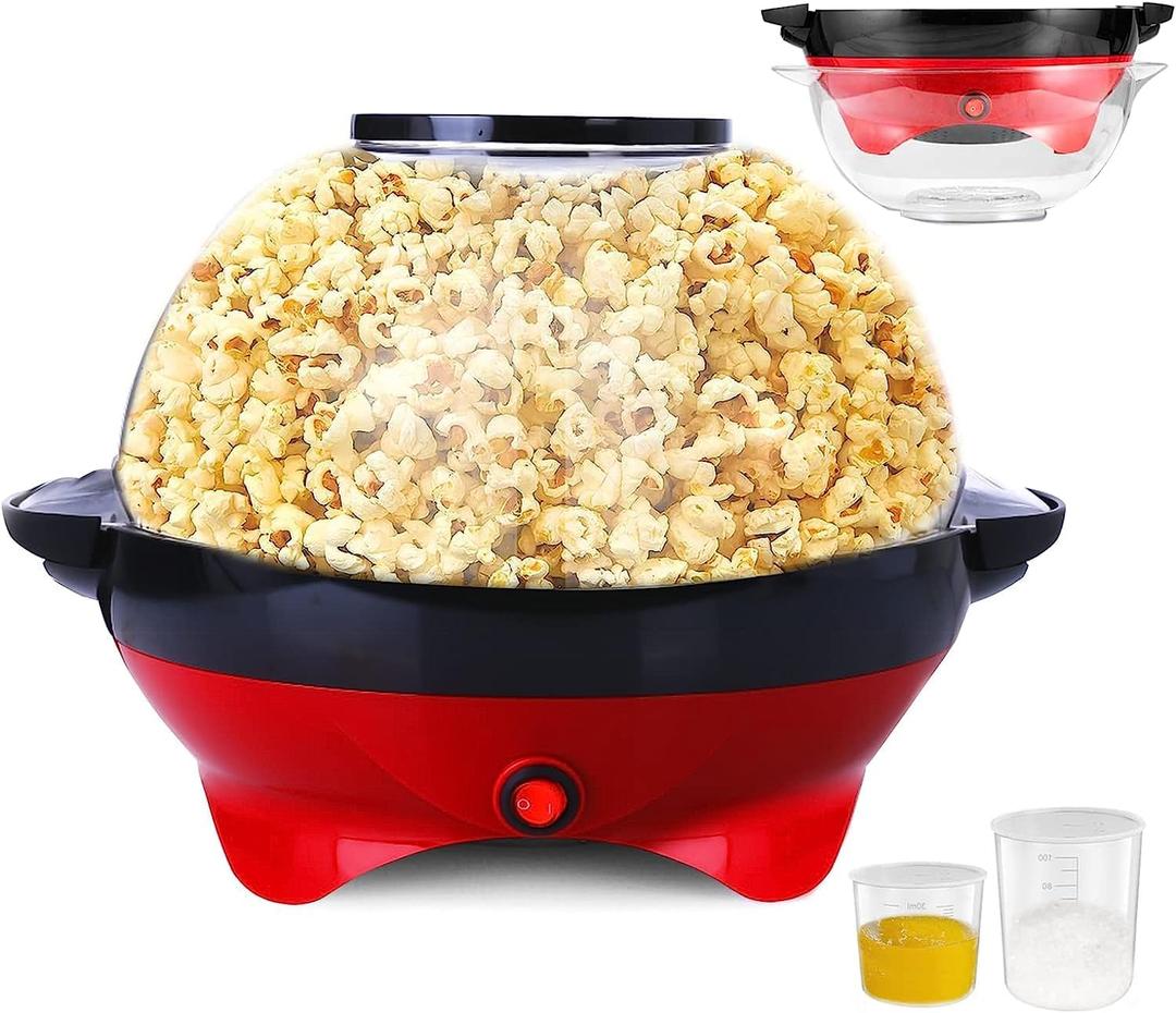 TLGREEN 6 Quart Popcorn Machine - 24 Cups, Stir Crazy Popcorn Popper Machine, Electric Hot Oil Popcorn Maker Machine, with Nonstick Plate & Stirring Rod, Large Lid as Serving Bowl and 2 Measuring Cups (Red)